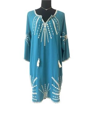 TOLANI ~ Teal Embroidered Peasant Tunic w/Cream Stitching Tie Neckline Tassels